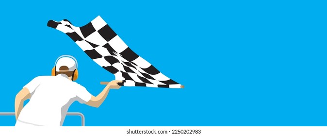 person waving a competition checkered flag, vector illustration, copy space. arrival of the winner