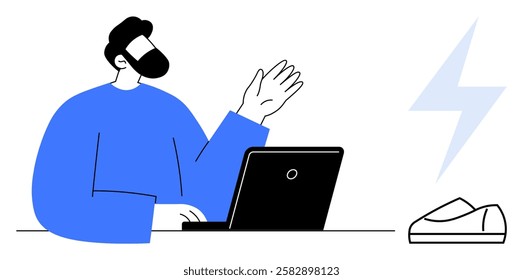 Person waving in front of laptop, energy symbol and mouse on desk. Ideal for remote work, virtual meetings, online communication, digital connectivity, work-life balance, tech lifestyle, video