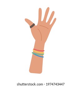 A person waving hand with ring and rainbow colored decoration. Element for Pride Month celebration. Lesbian, Gay, Homosexual Symbol for LGTBQ parade. Vector illustration isolated on white background.