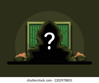 Person wear hoodie using computer from back view. mysterious hacker cyber crime symbol character illustration vector