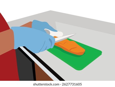 A person wearing blue gloves is using a knife to cut an orange vegetable on a green cutting board. Vector Flat Illustration