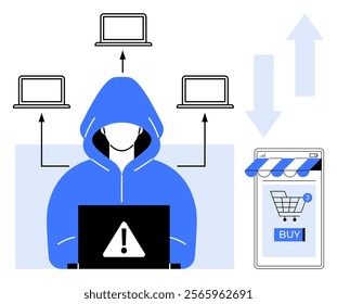 Person wearing a blue hoodie at a laptop with a warning sign. Three laptops connected, targeting an online store with a BUY button. Ideal for cybersecurity, hacking, e-commerce protection, digital