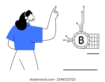 A person wearing blue pointing to a Bitcoin symbol with circuitry. Ideal for finance, cryptocurrency education, technology, digital investments, blockchain concepts. Minimalist graphic style