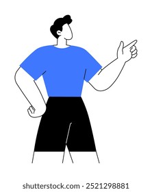 A person wearing a blue shirt and black pants stands with one hand on their hip and the other pointing to the side. Ideal for educational, instructional, presentations, navigation, vector art. Minimal