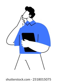 A person, wearing a blue shirt, holds a tablet in one hand while the other hand touches their chin. Ideal for business, technology, decision-making, analysis, pondering, and creative thinking themes.