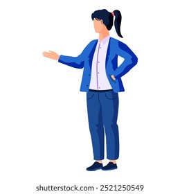 Person wearing blue suit and white shirt with one arm extended in gesture while other hand rests on hip. Ideal for business presentations, professional consultation, corporate training, formal