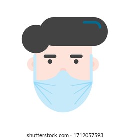 Person wearing breathing mask. Healthcare protection. Human character design. Man. Young. Vector. Sickness prevention. Campaign. Advice on protective respiratory mask. Covid-19. Avoid virus.