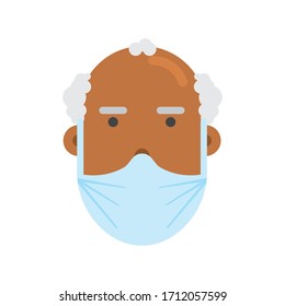 Person wearing breathing mask. Healthcare protection. Human character design. Man. Old. Vector. Sickness prevention. Campaign. Advice on protective respiratory mask. Covid-19. Avoid virus.