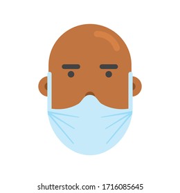Person wearing breathing mask. Healthcare protection. Human character design. Man. Bold. Vector. Adult. Sickness prevention. Campaign. Advice on protective respiratory mask. Covid-19. Avoid virus.
