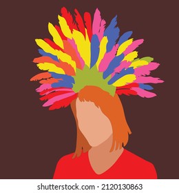 Person wearing colorful feather costume headdress.