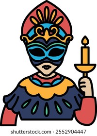 A person is wearing a colorful mask and holding a candle in their hand. The mask is adorned with intricate designs and vibrant colors, giving it a festive and celebratory appearance