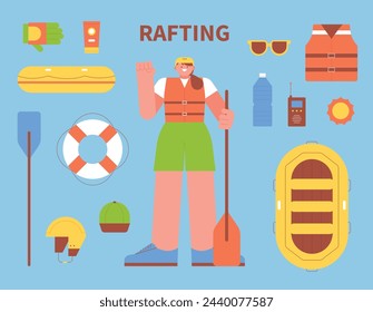 Persona con equipo para rafting. Una colección de artículos y equipos necesarios para el rafting.