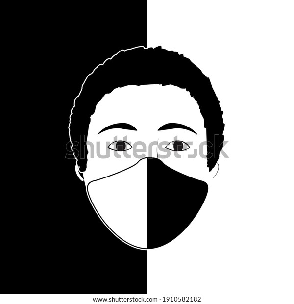 Person wearing a face mask in black and\
white divided in half - Vector\
Illustration