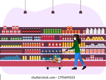 Person Wearing Face Mask Shopping for Groceries with Cart in Store