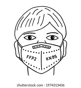 Person wearing FFP2KN95 protective mask without a valve, with nose clip. With inscriptions on respirator FFP2 and KN95. Black and white hand-drawn illustration.