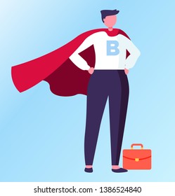 Person wearing formal suit vector, superhero in field of business flat style. Isolated male with briefcase standing in solemn pose proud of himself