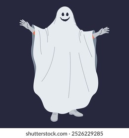 Person wearing ghost costume celebrating Halloween flat color vector illustration. Character spreading arms ready to scare cartoon image on black