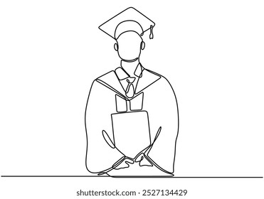 Persona con atuendo de graduación en un dibujo de línea continua. Simbolizando el logro académico y la celebración. Ilustración dibujada a mano para ceremonias de graduación.