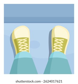Person wearing green sneakers is standing on a blue floor