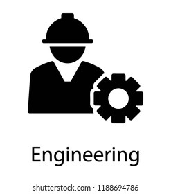 A person wearing hard hat with cogwheel denoting icon for engineering