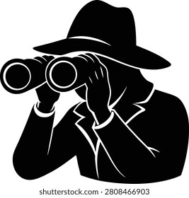 Person wearing hat looking through binoculars silhouette vector