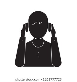 Person wearing headphones black vector concept icon. Person wearing headphones flat illustration, sign