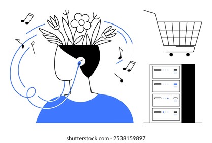 Person wearing headphones with flowers and leaves growing from their head, musical notes, shopping cart, and server rack. Ideal for creativity, digital lifestyle, music, online shopping, technology