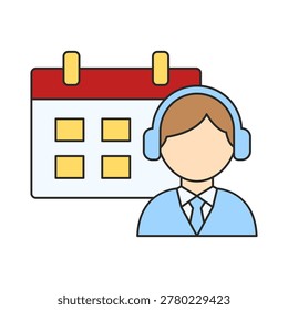 A person wearing a headset appears in front of a large calendar with highlighted date blocks. The scene shows scheduling and customer support elements in a simple composition.