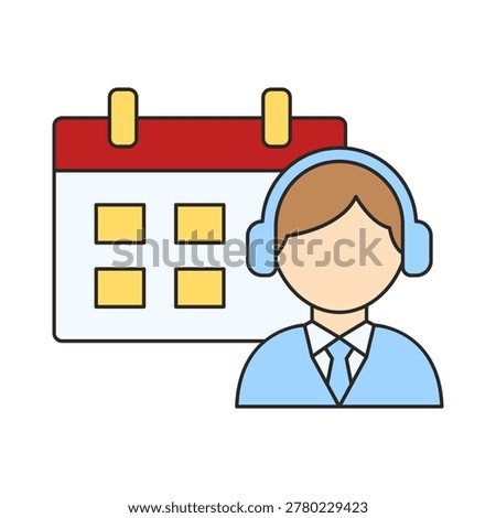 A person wearing a headset appears in front of a large calendar with highlighted date blocks. The scene shows scheduling and customer support elements in a simple composition.