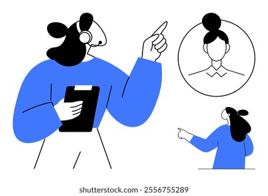 A person wearing a headset and holding a clipboard is pointing upwards. Another smaller person in the background points at a portrait in a circle. Ideal for communication, customer service, support