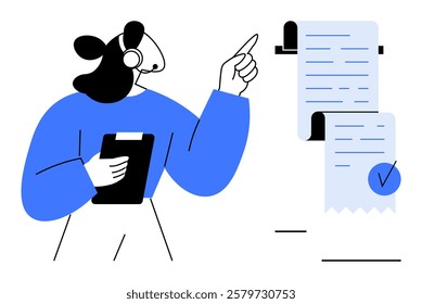 A person wearing a headset points at documents while holding a clipboard. Ideal for customer service, administrative tasks, document management, workflow organization, and business communication