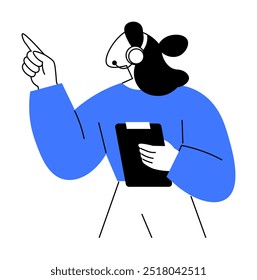 A person wearing a headset points upward with one hand while holding a clipboard in the other. Ideal for customer service, communication, technical support, guidance, training material.