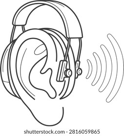 Person wearing a headset with sound waves radiating from the earpiece