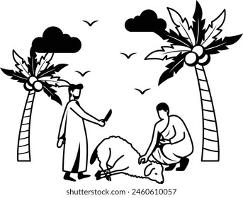 Person Wearing Ihram with Goat vector icon design, Eid al-Azha or Eid ul Kabir Symbol, Hajj Sign, Muslims religious Festival Stock illustration, Pilgrimage with Qurban concept