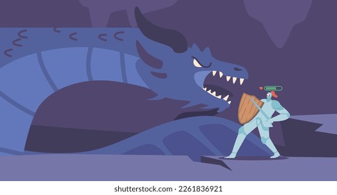 Person Wearing Knight Costume Virtual Reality Headset Playing Mmorpg Video Game Fighting with Dragon in Cave. Concept of Entertainment, Adventure, Multiplayer Gaming. Cartoon Vector Illustration