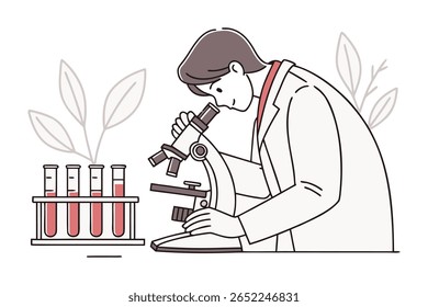 Uma pessoa vestindo um jaleco de laboratório observa atentamente através de um microscópio, com uma cremalheira de tubos de teste preenchidos com líquido vermelho e formas abstratas de plantas nas proximidades.
