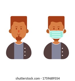Person wearing mask, flat vector design. Covid virus prevention
