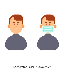 Person wearing mask, flat vector design. Covid virus prevention