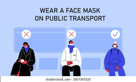 a person wearing a mask on the chin a person not covering the nose and a person wearing a mask properly seating on public transport. Flat illustration on how to wear a mask the right way