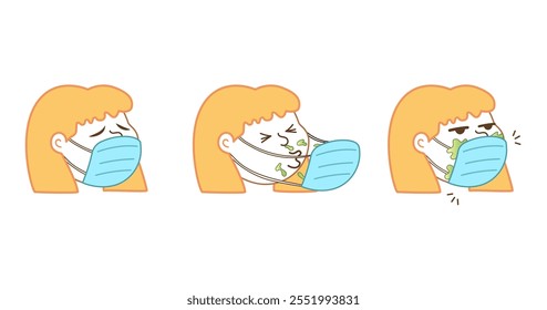 Person wearing mask suffering from stuffy and runny nose during allergy season or covid. Blonde woman sneezes her snots or blows her nose. Vector illustration, funny cartoon character. 