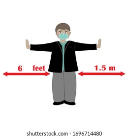 Person wearing a medical mask on his face is demonstrating the obligatory social distance during a pandemic.