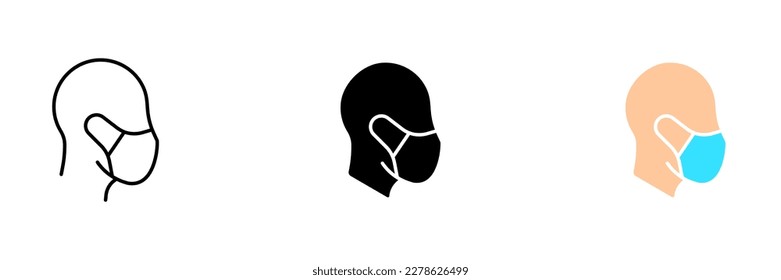 A person wearing a medical mask. Vector set of icons in line, black and colorful styles isolated.