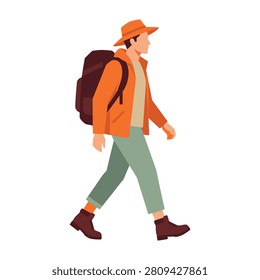 person wearing orange jacket and hat hiking with backpack outdoors