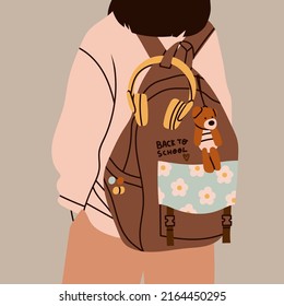 Person wearing oversized clothing standing with backpack. Rear View. Backpack with headphones, toy, flowers. Back to school, college, education, study concept. Hand drawn Vector illustration