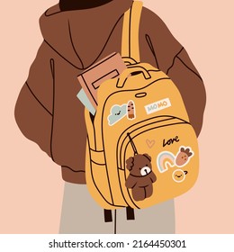 Person wearing oversized clothing standing with yellow backpack. Rear View. Backpack with books, toy and patches. Back to school, college, education, study concept. Hand drawn Vector illustration