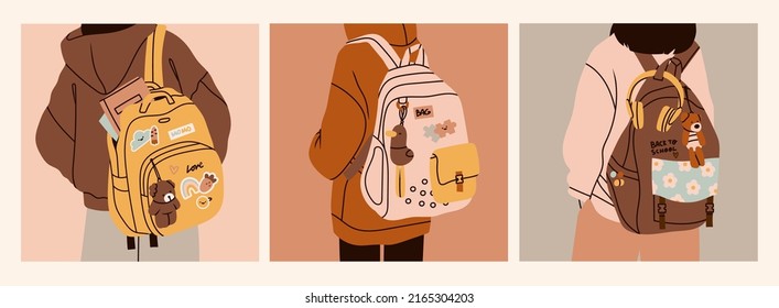 Person wearing oversized clothing standing with backpack. Rear View. Backpack with books, toy and patches, label. Back to school, college, education, study concept. Set of three Vector illustrations