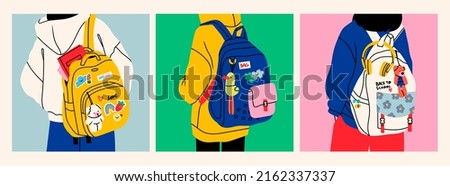 Person wearing oversized clothing standing with backpack. Rear View. Backpack with books, toy and patches, label. Back to school, college, education, study concept. Set of three Vector illustrations