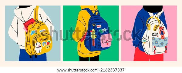 Person wearing oversized clothing standing\
with backpack. Rear View. Backpack with books, toy and patches,\
label. Back to school, college, education, study concept. Set of\
three Vector\
illustrations