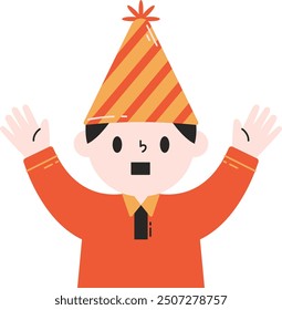 a person wearing a party hat and raising both arms in celebration