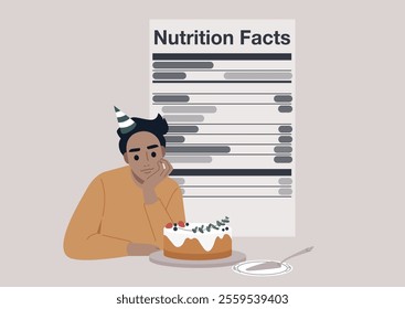 A person wearing a party hat thoughtfully examines the nutrition facts of a birthday cake. The cake, adorned with festive decorations, invites reflection on healthy choices